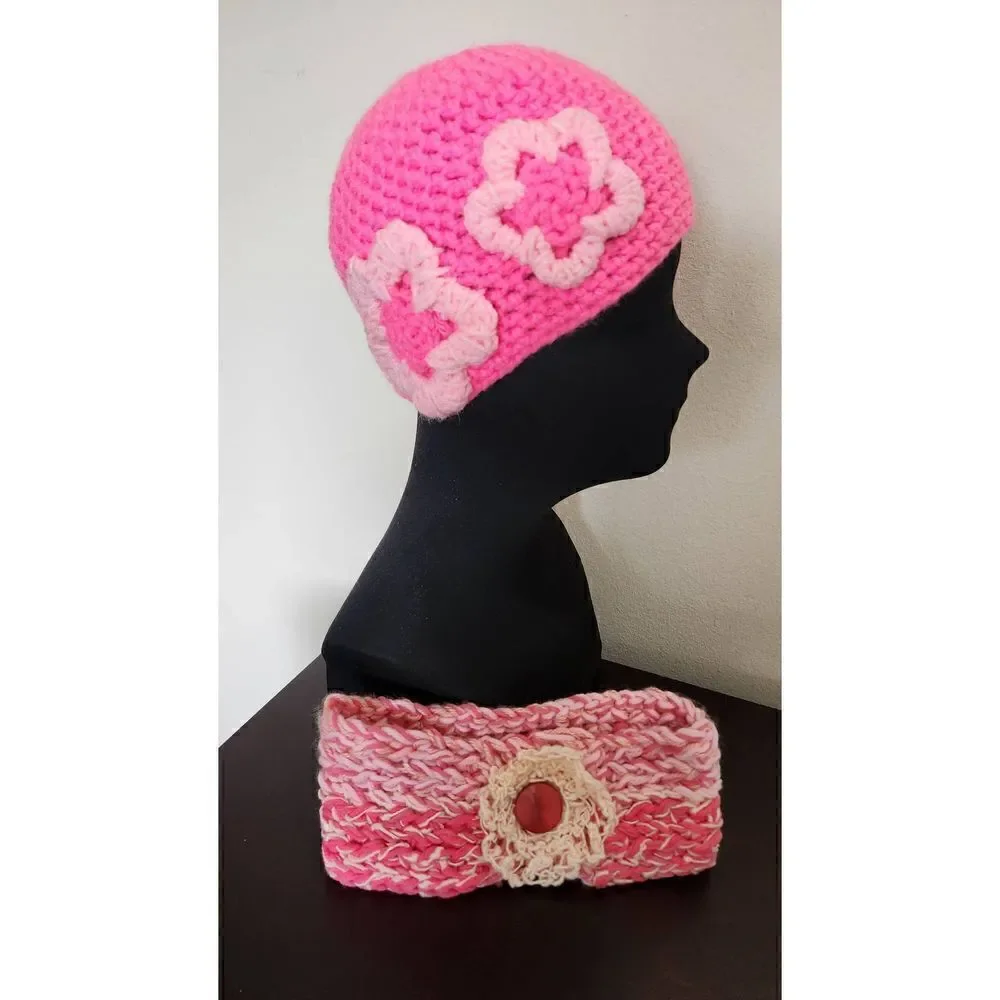 Pink Crocheted Cap and Knit Headband with Flowers, Handmade,  Cute and Warm, NEW